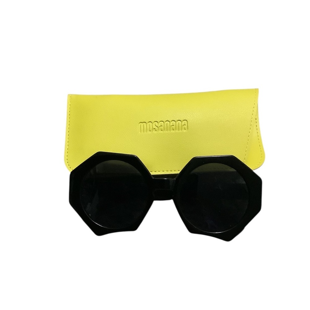 Black hexagonal edgy sunglasses with Yellow Sunglasses Case